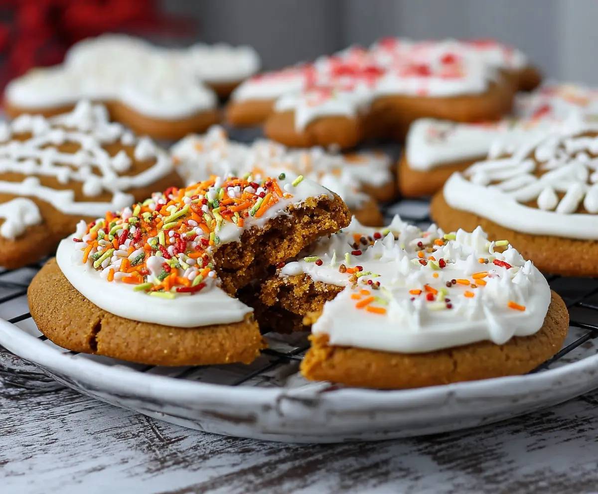 Close-up of freshly baked frosted gingerbread cookies with festive icing decorations.