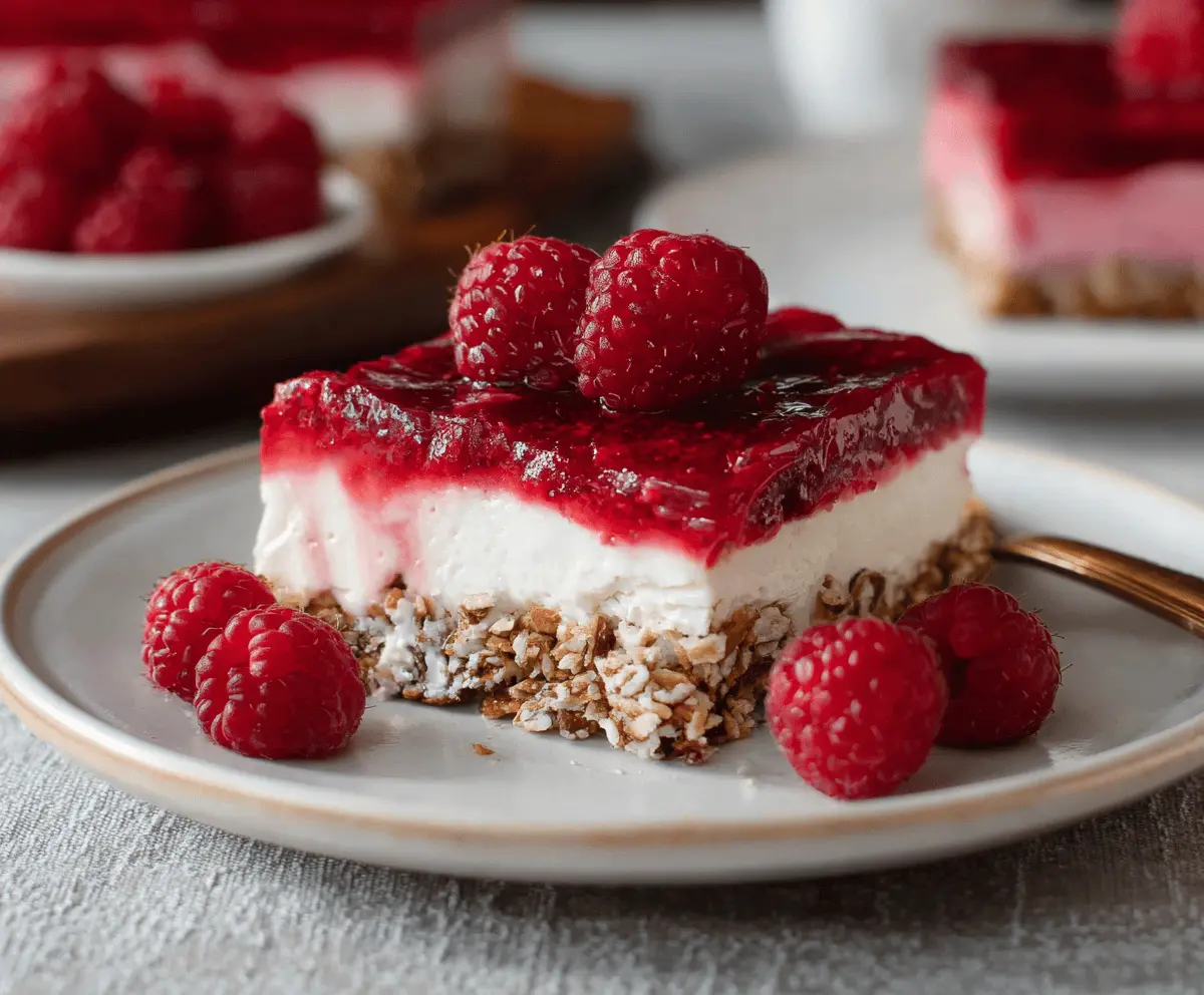Delicious gluten-free raspberry pretzel salad with fresh raspberries and crunchy pretzel crust.