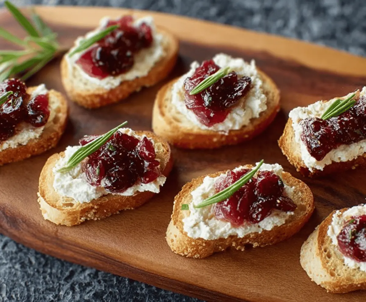 Delicious goat cheese and cranberry crostini served on a wooden tray, perfect for appetizer parties.