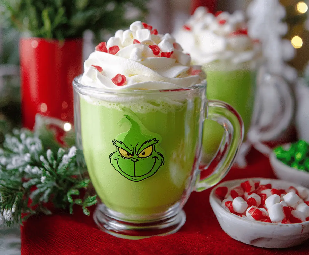 Festive Grinch-themed hot chocolate topped with bright green whipped cream and holiday sprinkles
