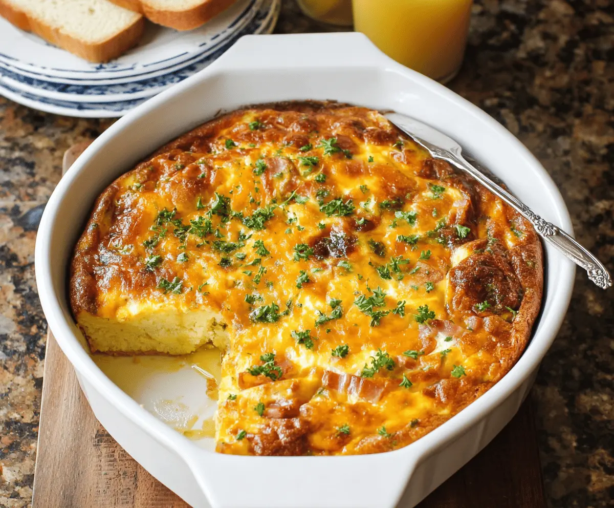Delicious ham and egg casserole dish with melted cheese and savory toppings.
