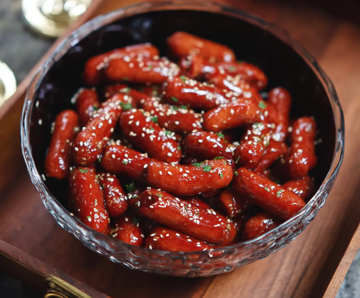 Delicious honey garlic cocktail smokies served on a platter, perfect for parties and appetizers.