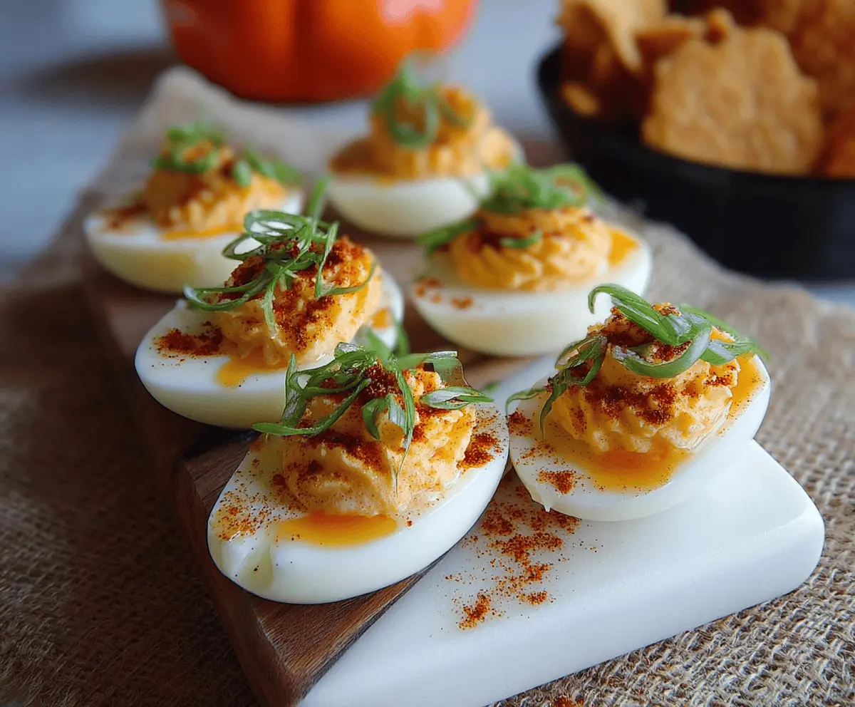 Delicious Hot Honey Deviled Eggs garnished with herbs on a rustic plate, perfect for brunch.