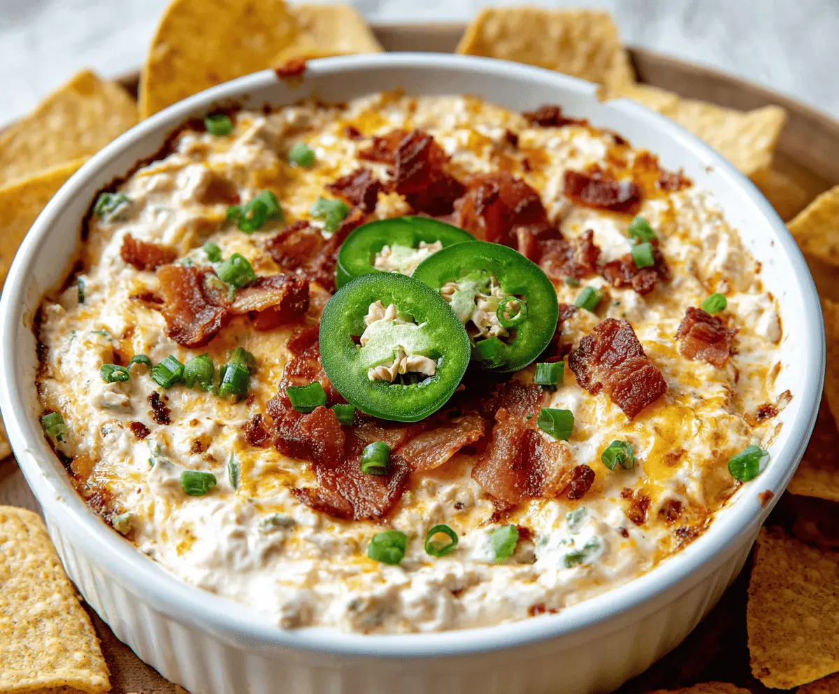 Creamy jalapeño popper dip topped with melted cheese and fresh jalapeños, perfect for dipping at parties.