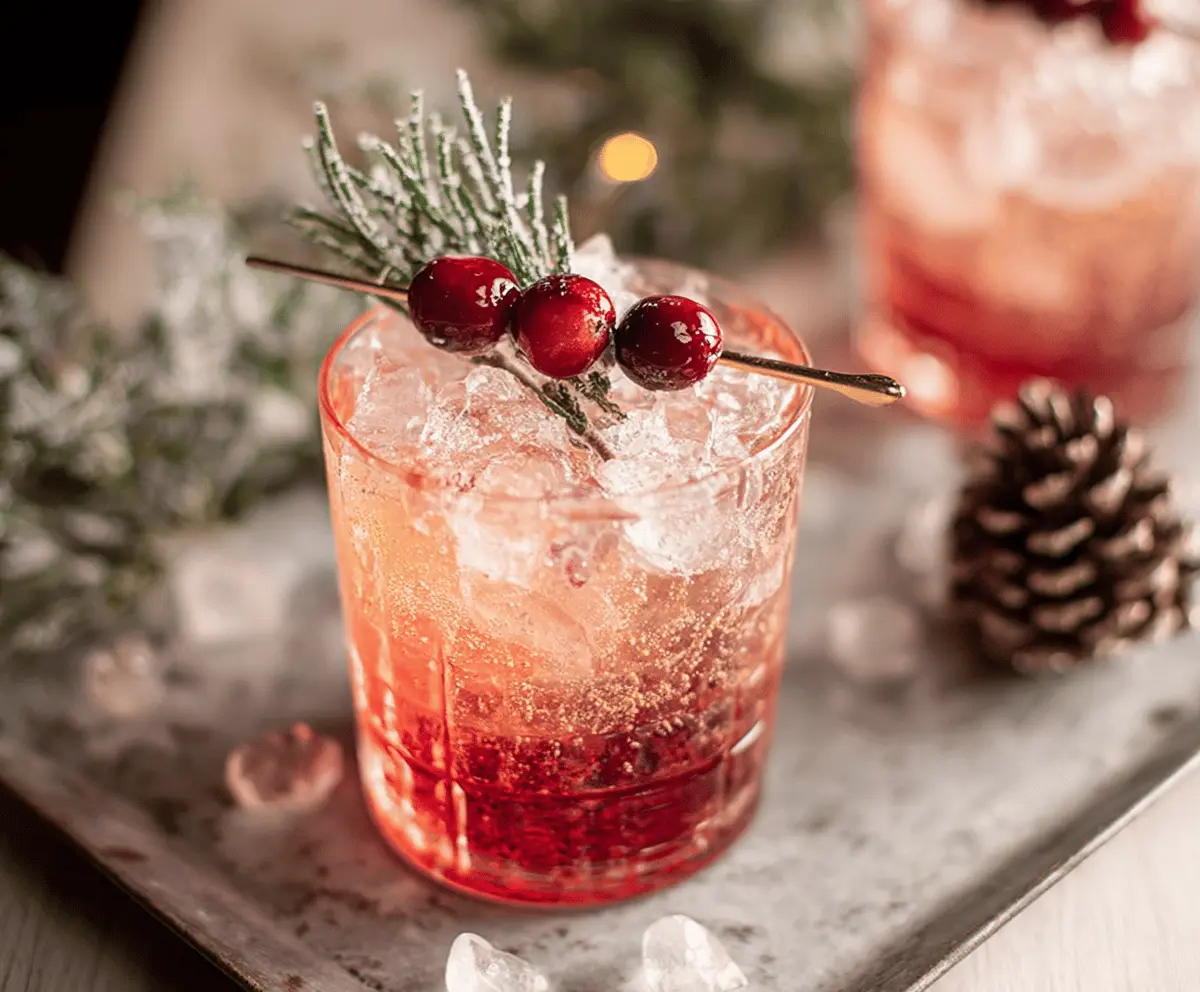 Festive Kris Kringle's Jingle Batch Cocktail with colorful holiday decorations and garnished with cherries and mint.