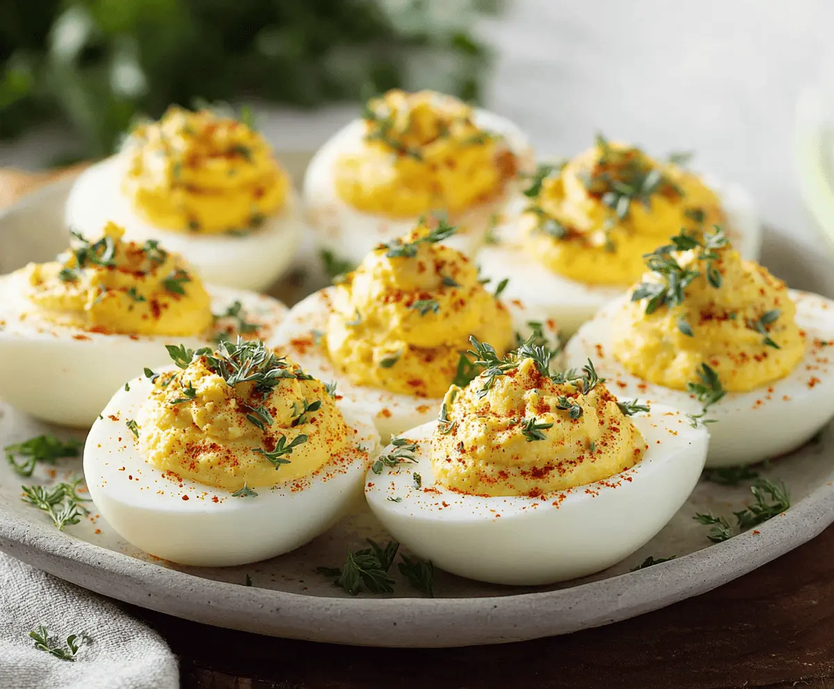 Low-carb deviled eggs with creamy filling and paprika garnish on a white plate.
