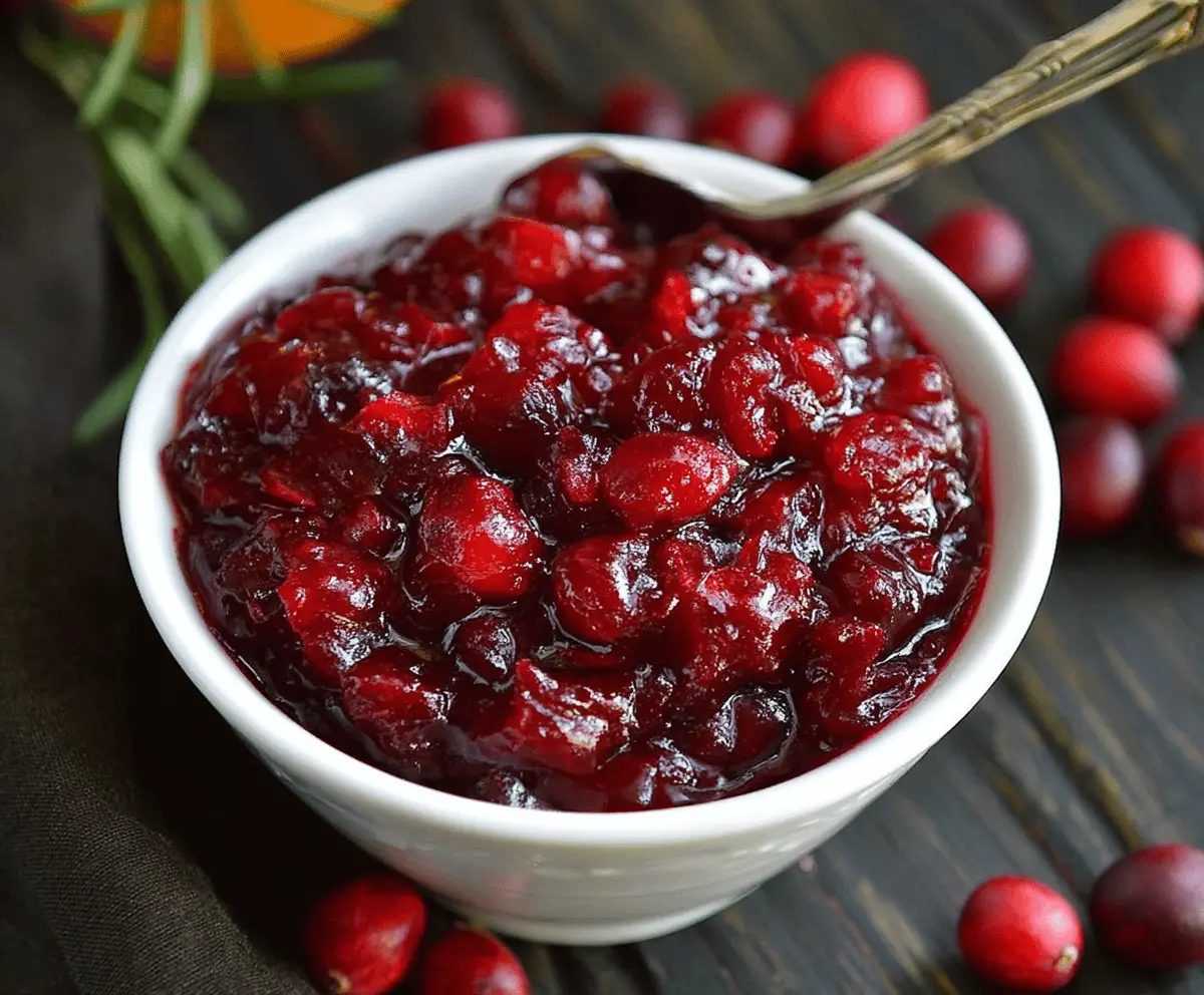 Delicious homemade Maple Cranberry Sauce with fresh cranberries and a drizzle of maple syrup.