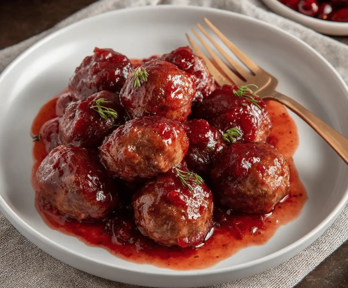 Delicious homemade meatballs served in a rich cranberry sauce, perfect for festive occasions.