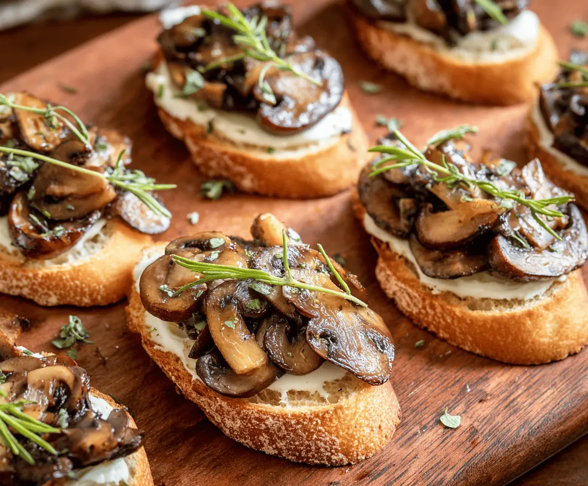 Delicious Mushroom Crostini topped with fresh herbs on a rustic wooden board.