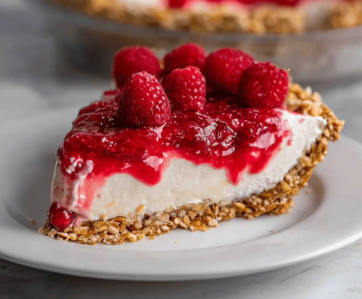 Delicious no-bake raspberry pretzel pie topped with fresh raspberries and whipped cream.