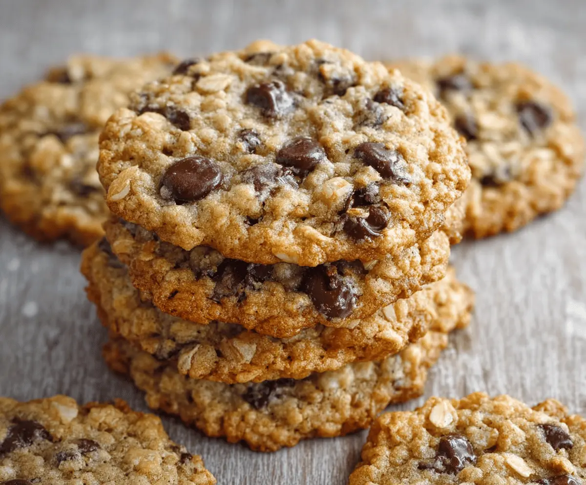 Homemade oatmeal chocolate chip cookies on a plate, showcasing a delicious and chewy treat with chocolate chunks.