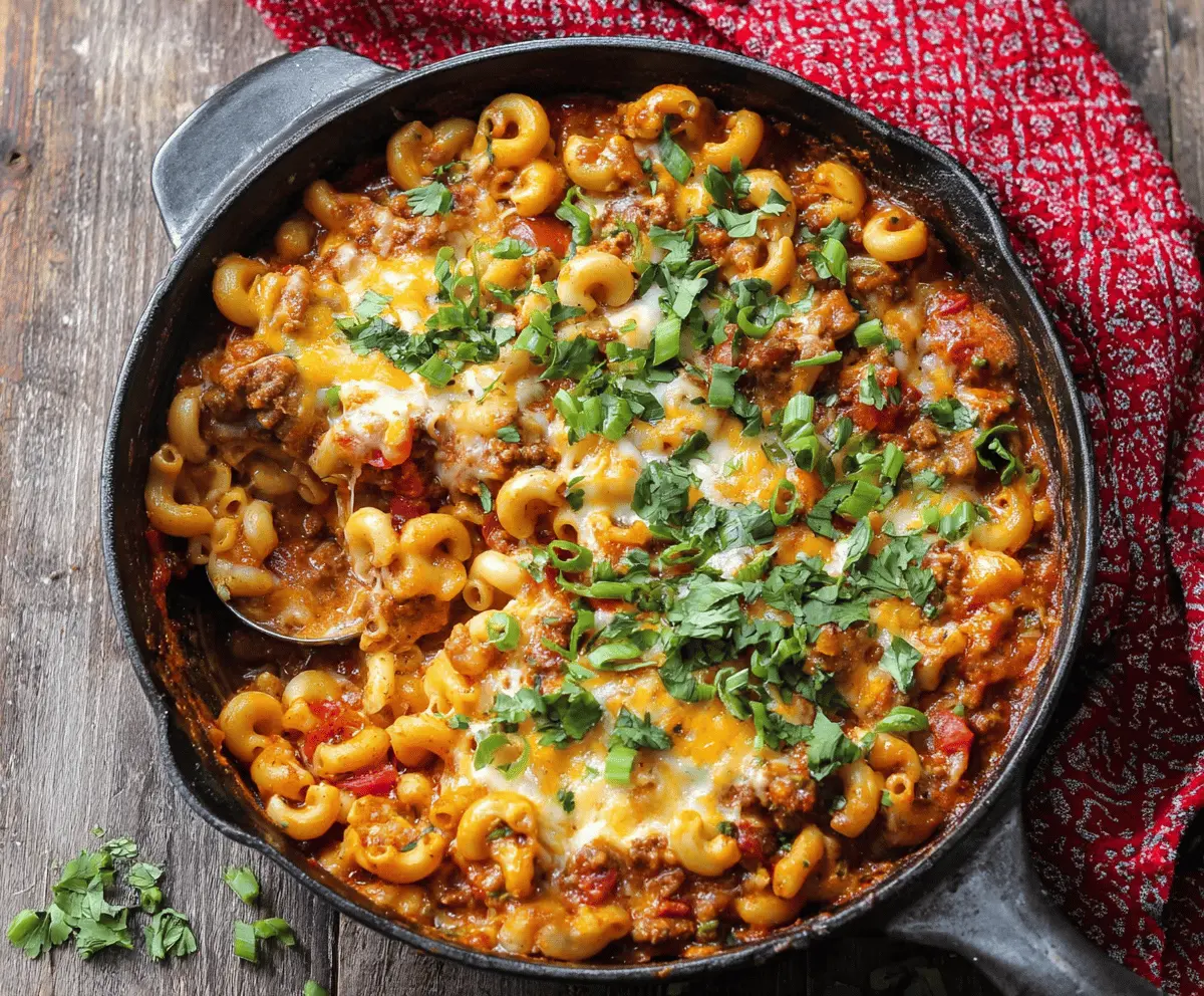 Delicious One Pot Chili Mac and Cheese served in a bowl, showcasing creamy cheese and hearty chili ingredients.