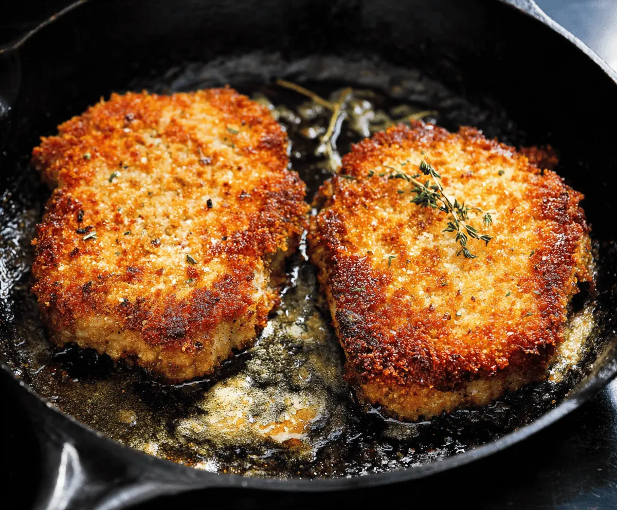 Juicy Parmesan crusted pork chops served with fresh herbs and vegetables.