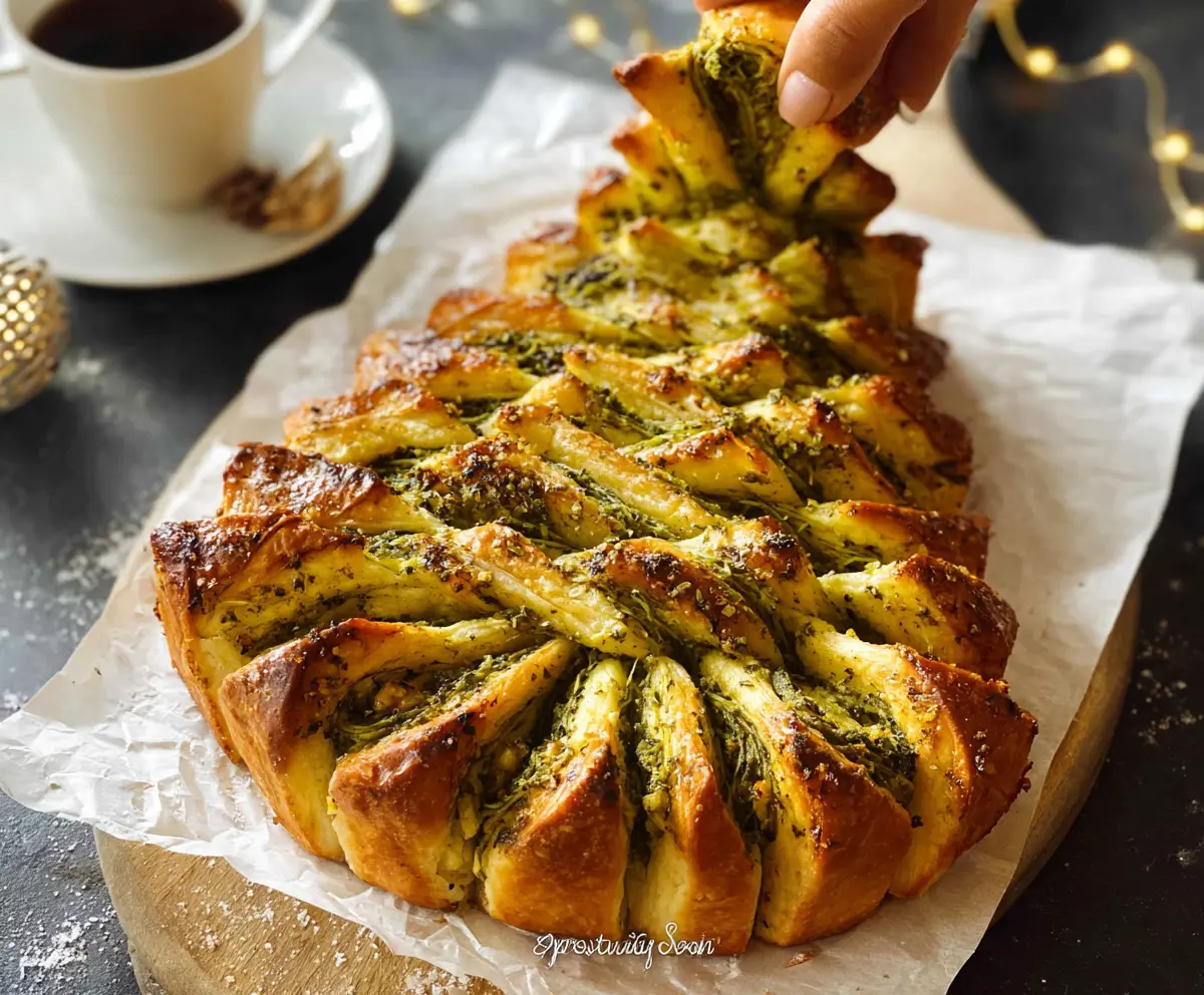 Delicious Pesto Christmas Tree Pull-Apart Bread garnished with fresh herbs for a festive holiday snack.