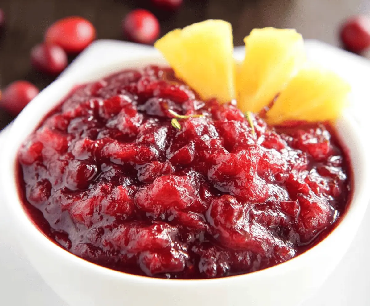 Vibrant pineapple cranberry orange sauce served in a bowl, showcasing bright seasonal flavors.