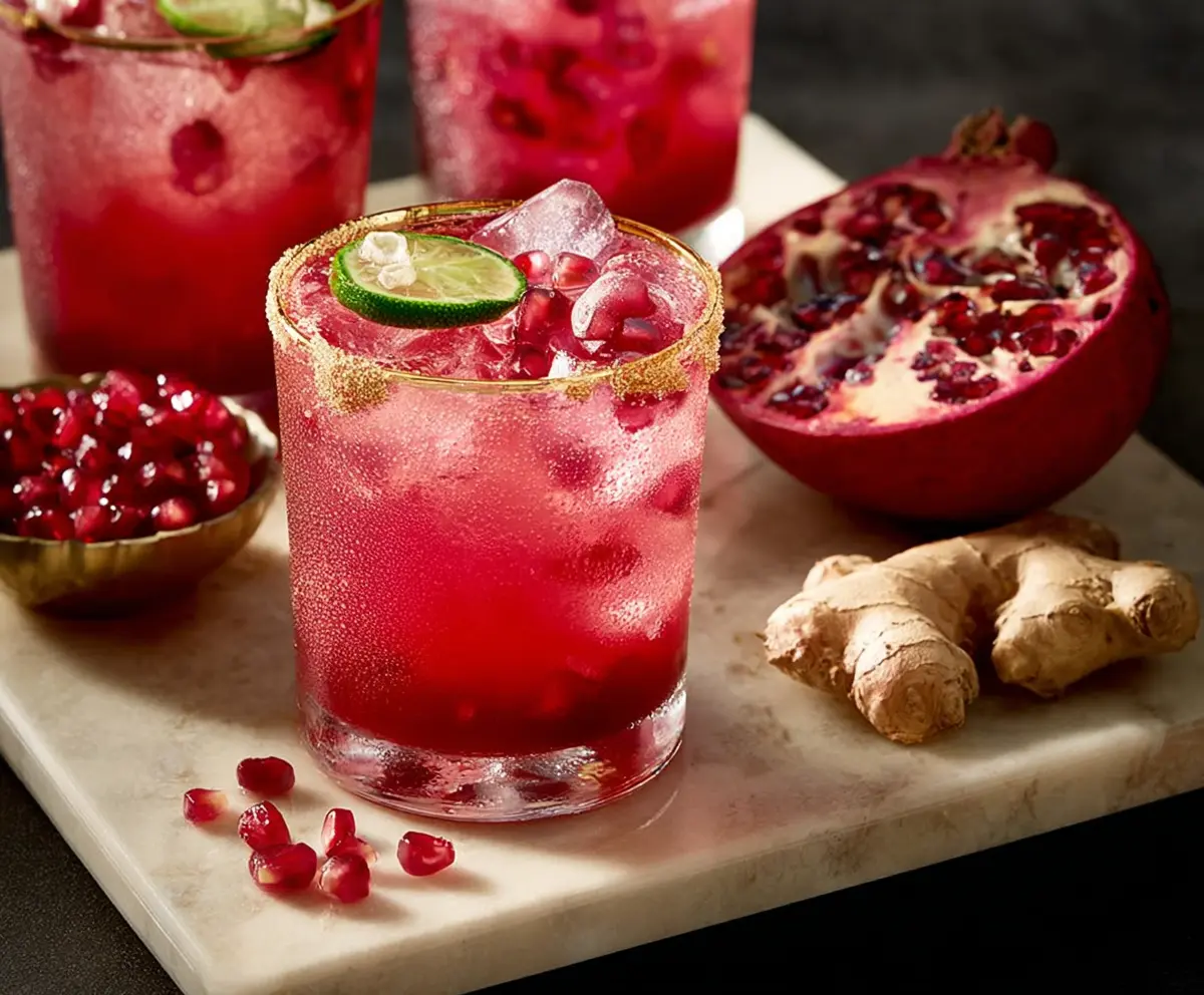 Refreshing Pomegranate Ginger Fizz cocktail in a clear glass garnished with fresh pomegranate seeds and ginger slices.