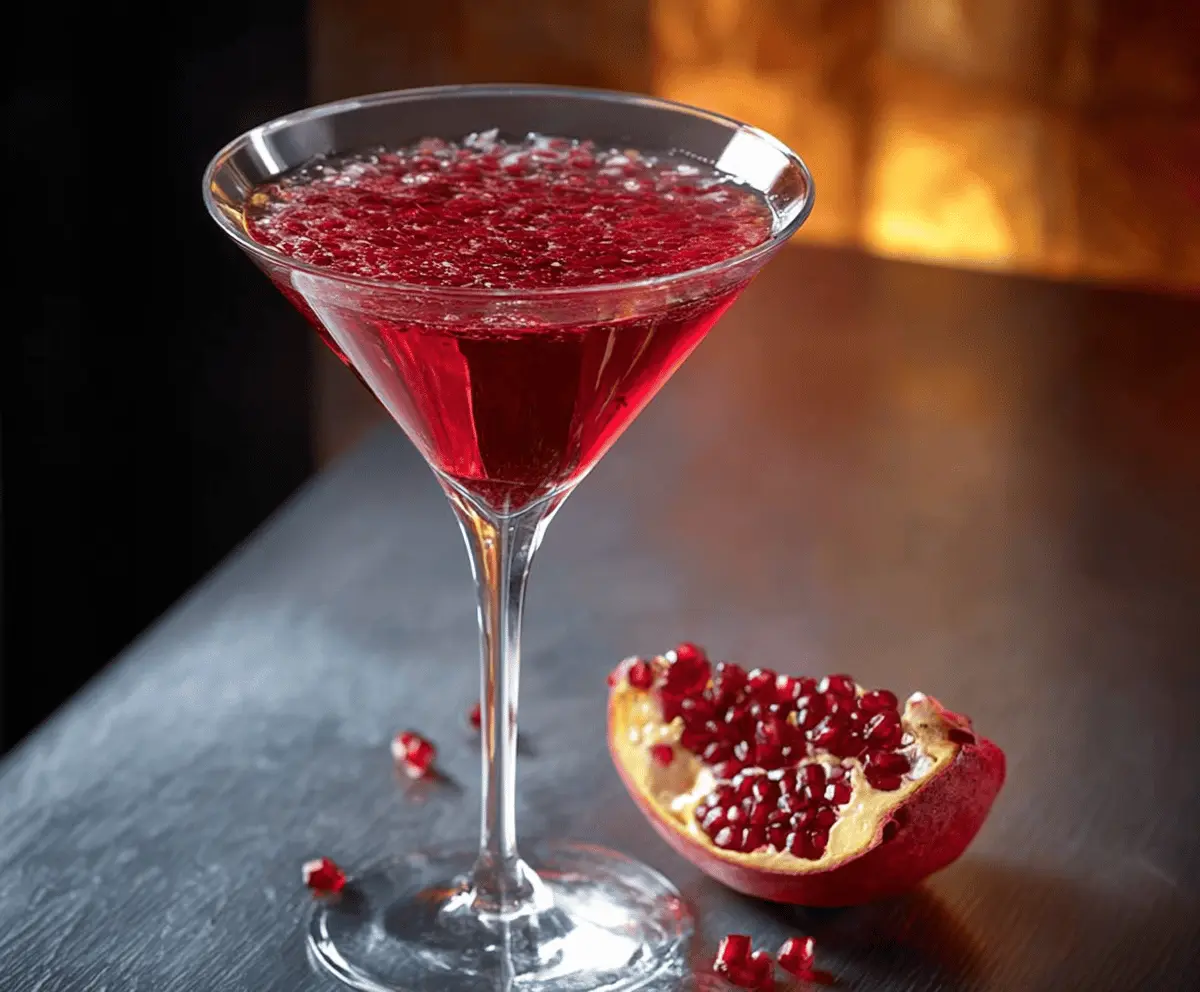 Elegant Pomegranate Martini cocktail garnished with fresh pomegranate seeds and a lime twist.