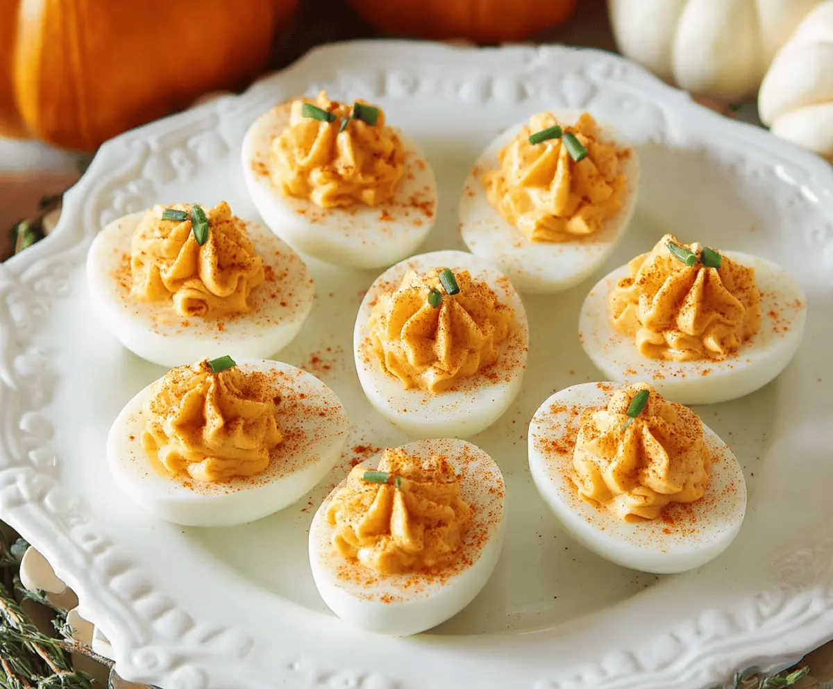 Creamy pumpkin deviled eggs garnished with herbs for a festive appetizer.