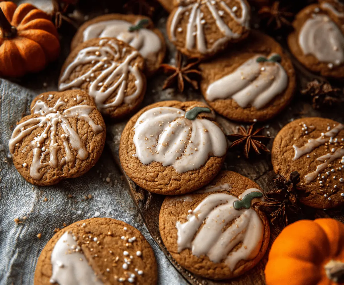 Freshly baked pumpkin gingerbread cookies on a baking tray, decorated with icing and spices.