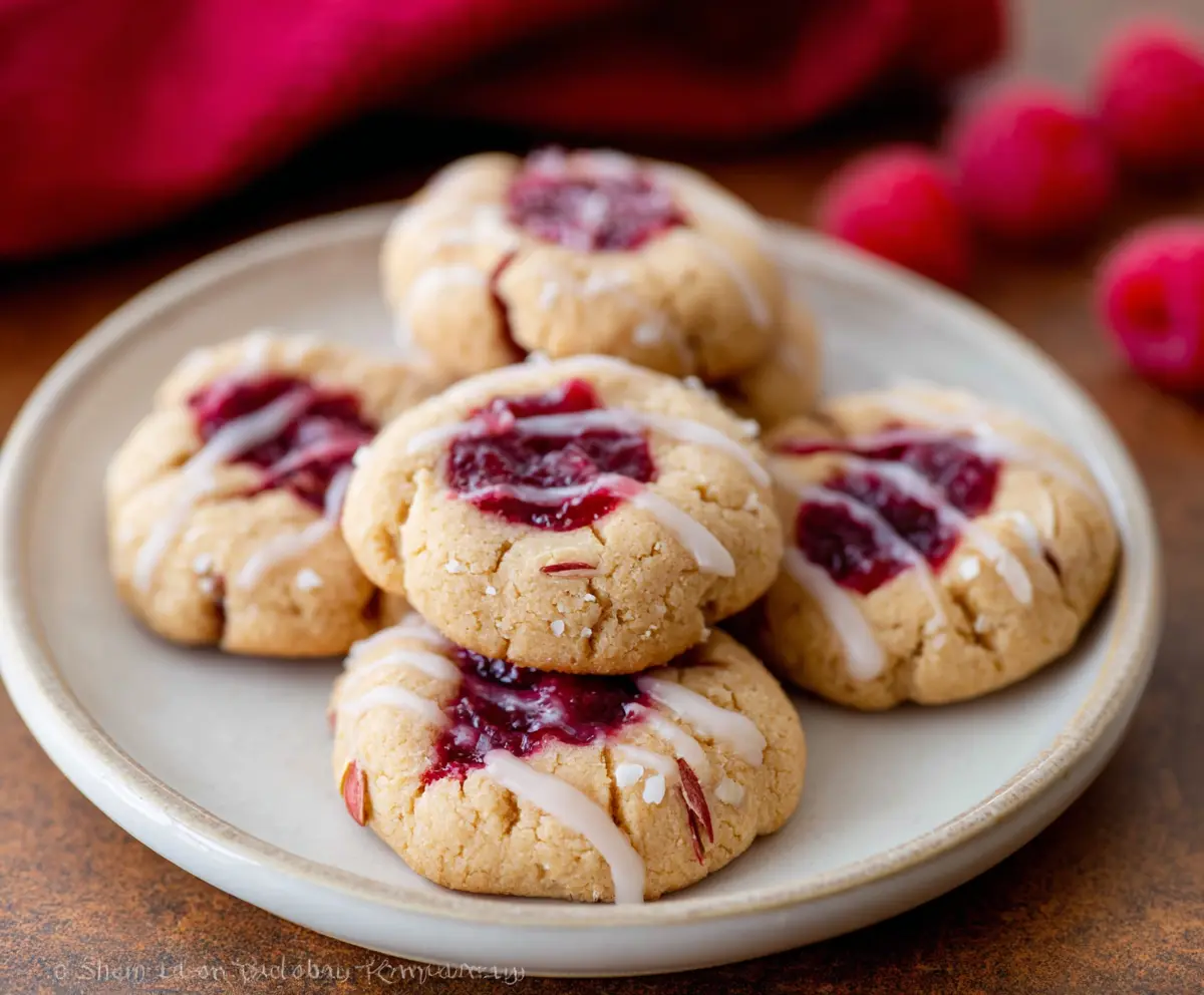 Delicious raspberry almond butter cookies on a baking sheet, showcasing a golden-brown exterior and fresh raspberry garnish.