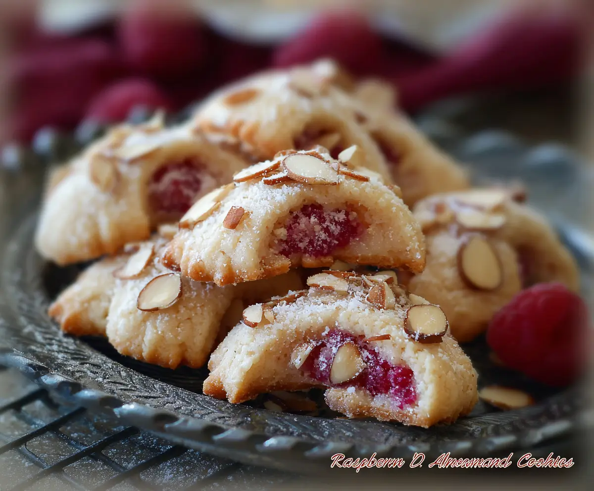 Delicious raspberry almond crescent cookies fresh out of the oven, showcasing golden-brown exterior and raspberry filling.