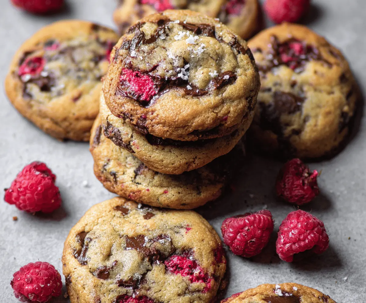 Home-baked raspberry and chocolate chip cookies with a golden crust and gooey centers, perfect for satisfying sweet cravings.