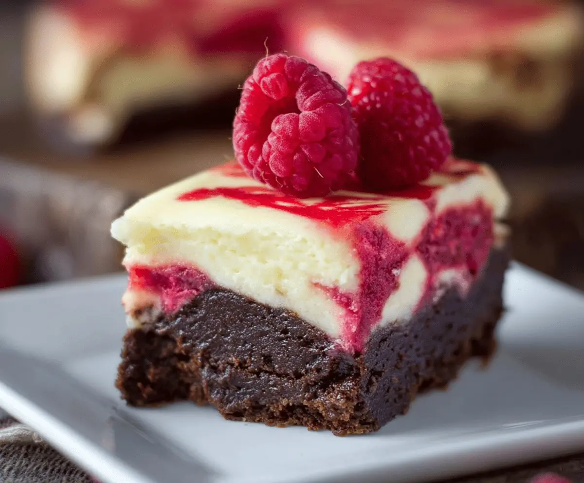 Delicious Raspberry Brownie Cheesecake with a rich chocolate base and fresh raspberry topping
