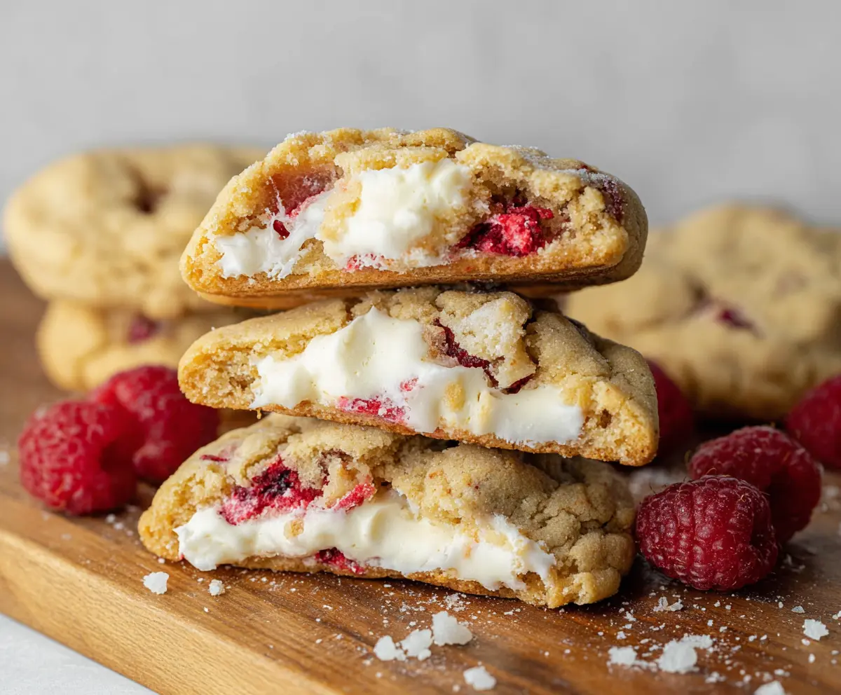Delicious raspberry cheesecake stuffed cookies with creamy filling and fresh raspberries on top.