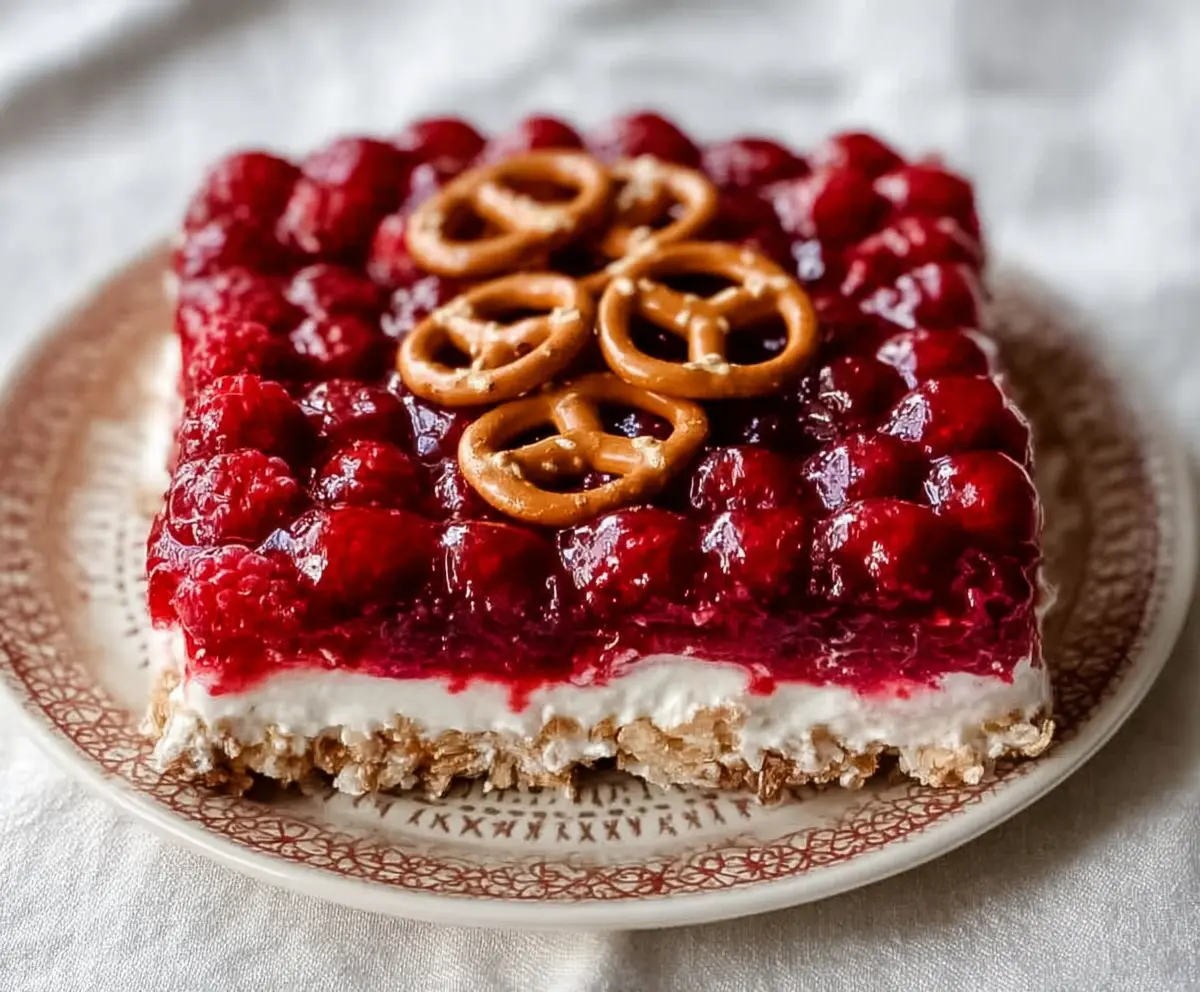 Delicious Raspberry Pretzel Dessert with a creamy topping and fresh raspberries on top.