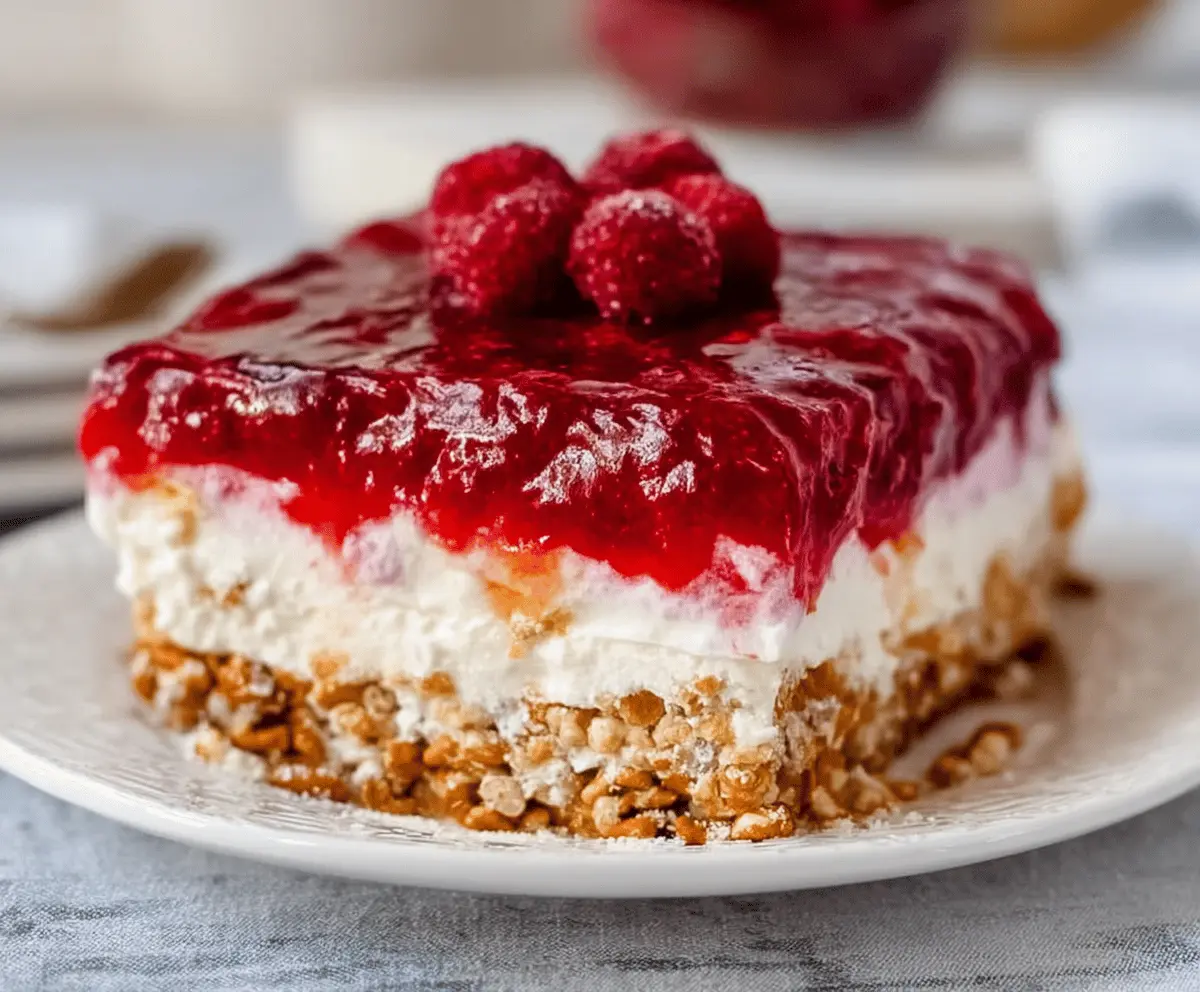 Delicious raspberry pretzel salad cake with a layered presentation, topped with fresh raspberries and whipped cream.