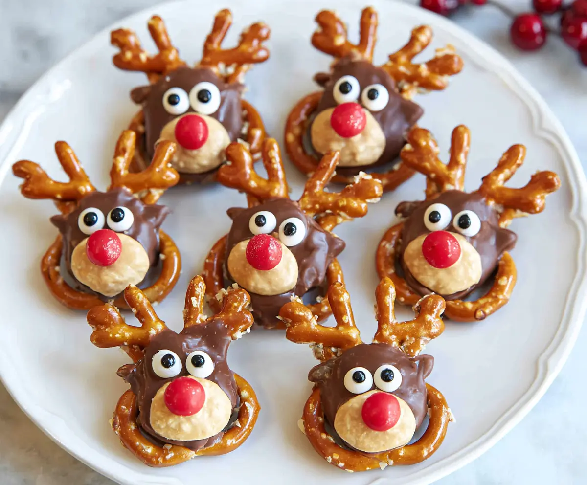 Delicious Reindeer Pretzel Bites with festive chocolate antlers for holiday snacking.