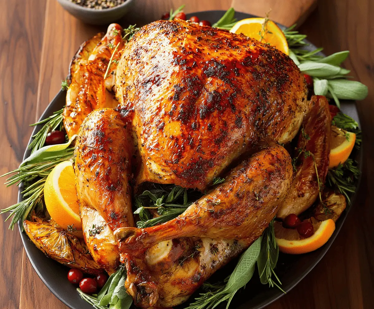 Golden roasted turkey with crispy skin, perfect for holiday feasts and family dinners.