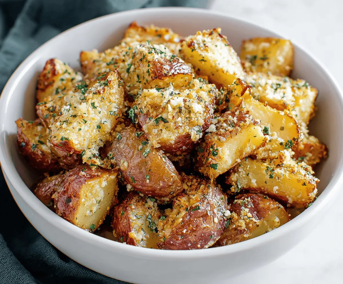 Golden roasted garlic Parmesan potatoes served on a platter, crispy and flavorful.