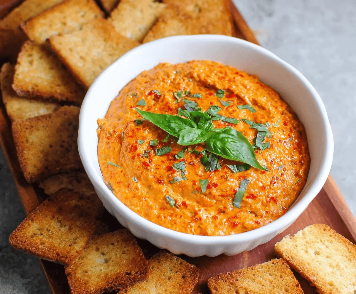 Delicious roasted red pepper dip served with fresh veggies
