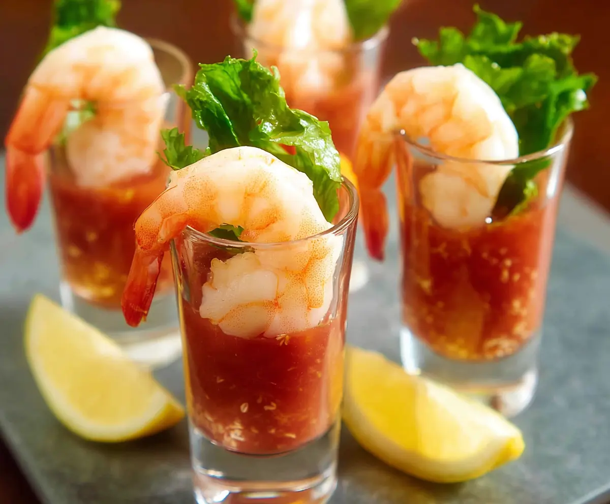 Delicious shrimp cocktail shooters served in elegant glass cups for a party appetizer.