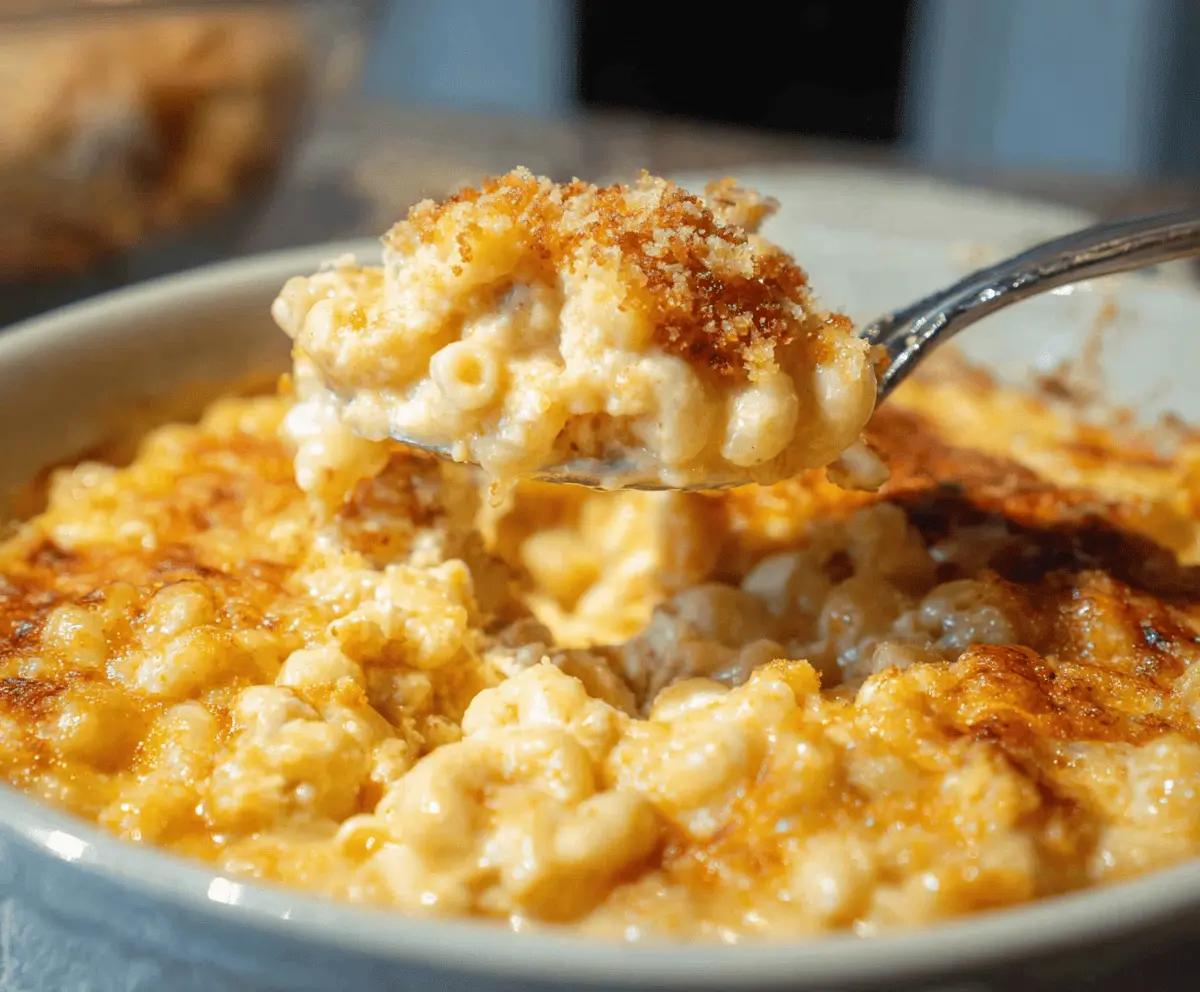 Creamy Southern baked mac and cheese topped with golden crust, comfort food favorite.