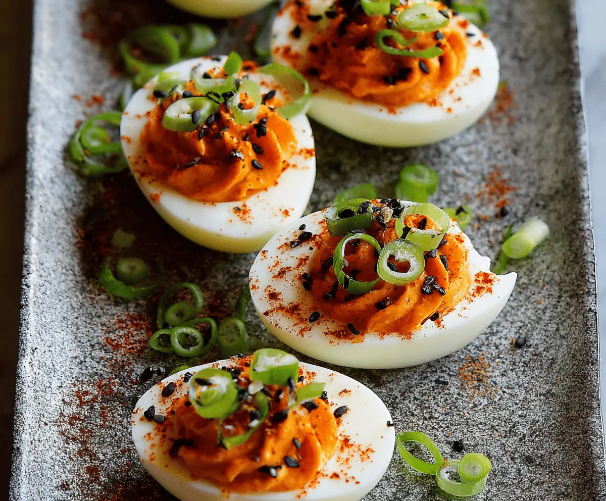 Spicy Gochujang Deviled Eggs on a plate garnished with sesame seeds and green onions.