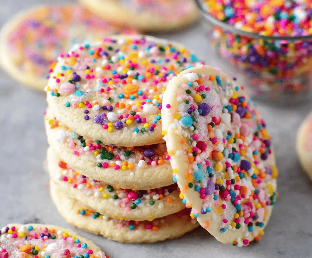 Delicious sprinkle sugar cookies with colorful sprinkles on a white plate, perfect for snacking or celebrations.