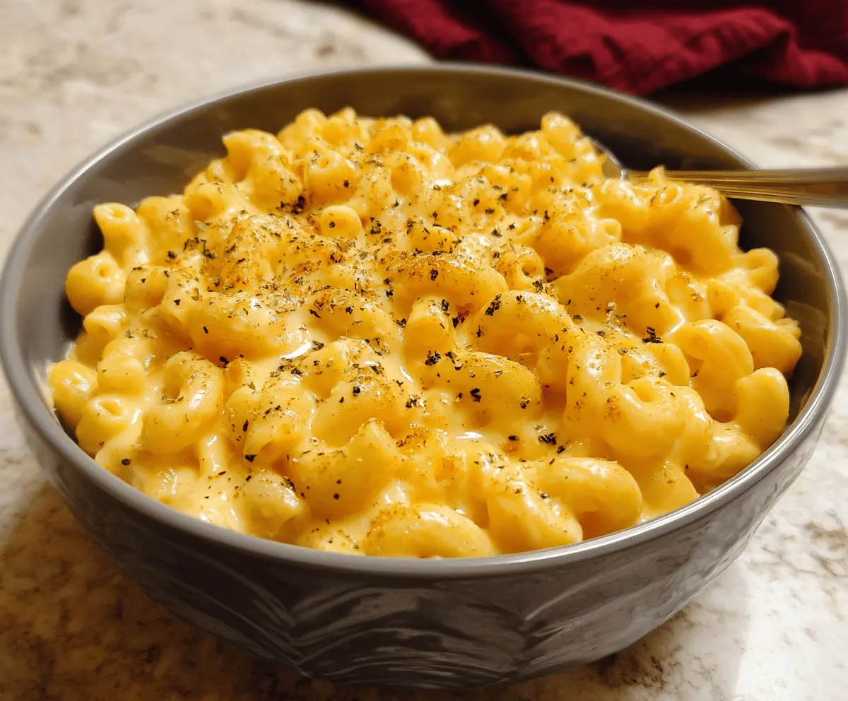 Creamy stovetop mac and cheese topped with melted cheese and fresh parsley.