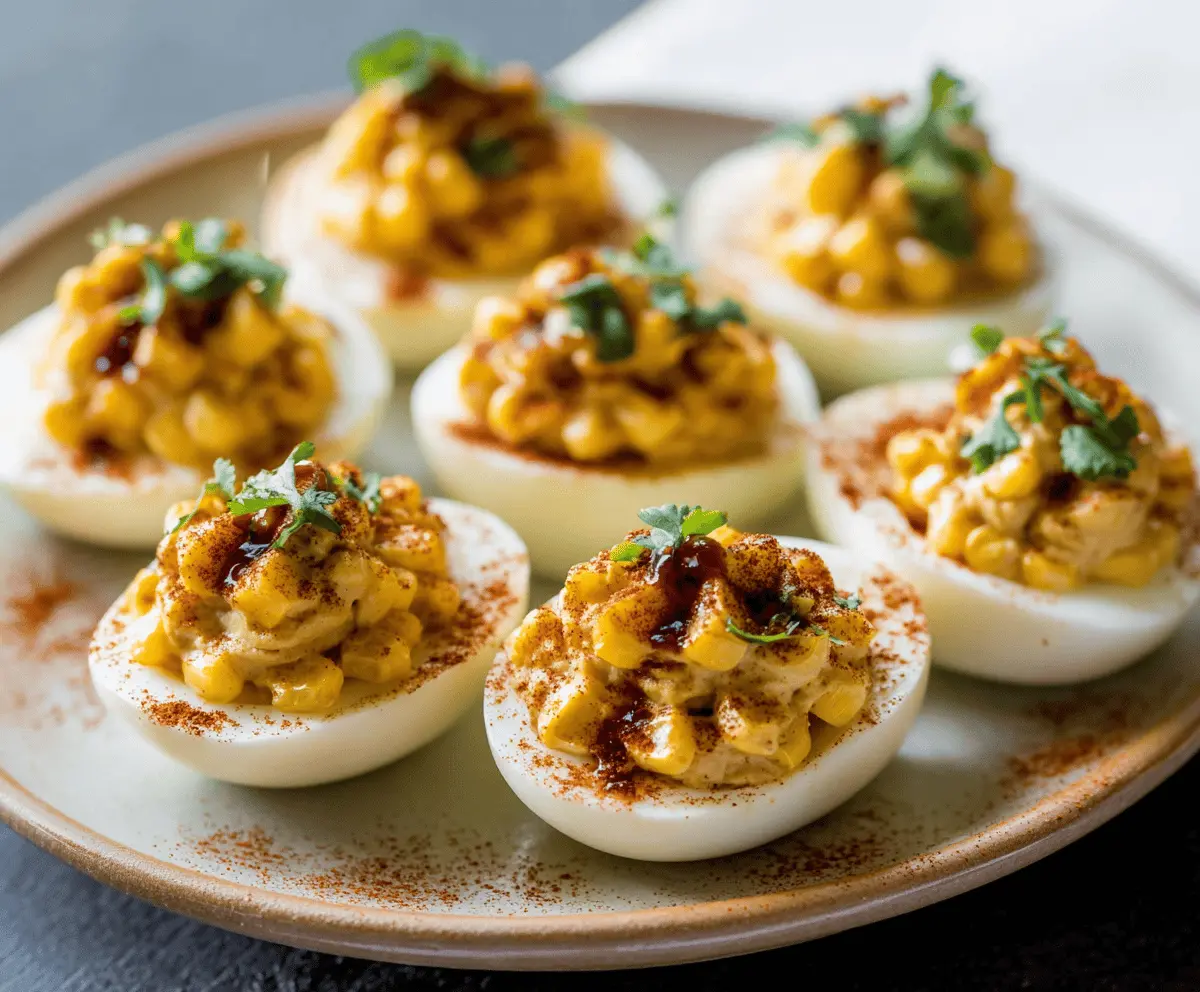 Delicious street corn deviled eggs topped with cheese, cilantro, and chili powder on a plate.