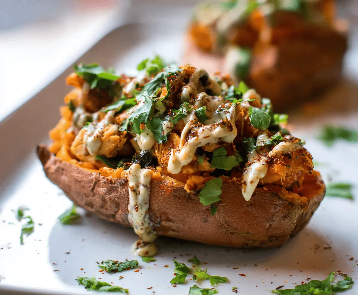 Delicious stuffed sweet potato with tender chicken and fresh herbs, perfect for a healthy meal.