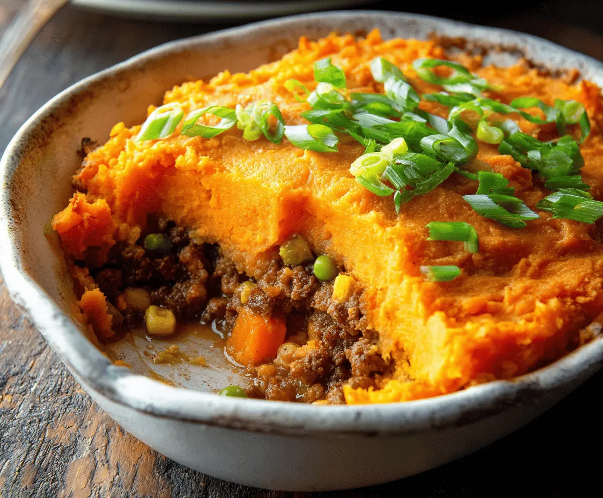 Delicious Sweet Potato Shepherd’s Pie with crispy topping and savory filling
