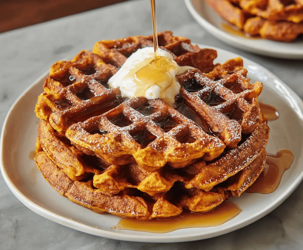 Golden sweet potato waffles topped with fresh berries and maple syrup on a white plate.
