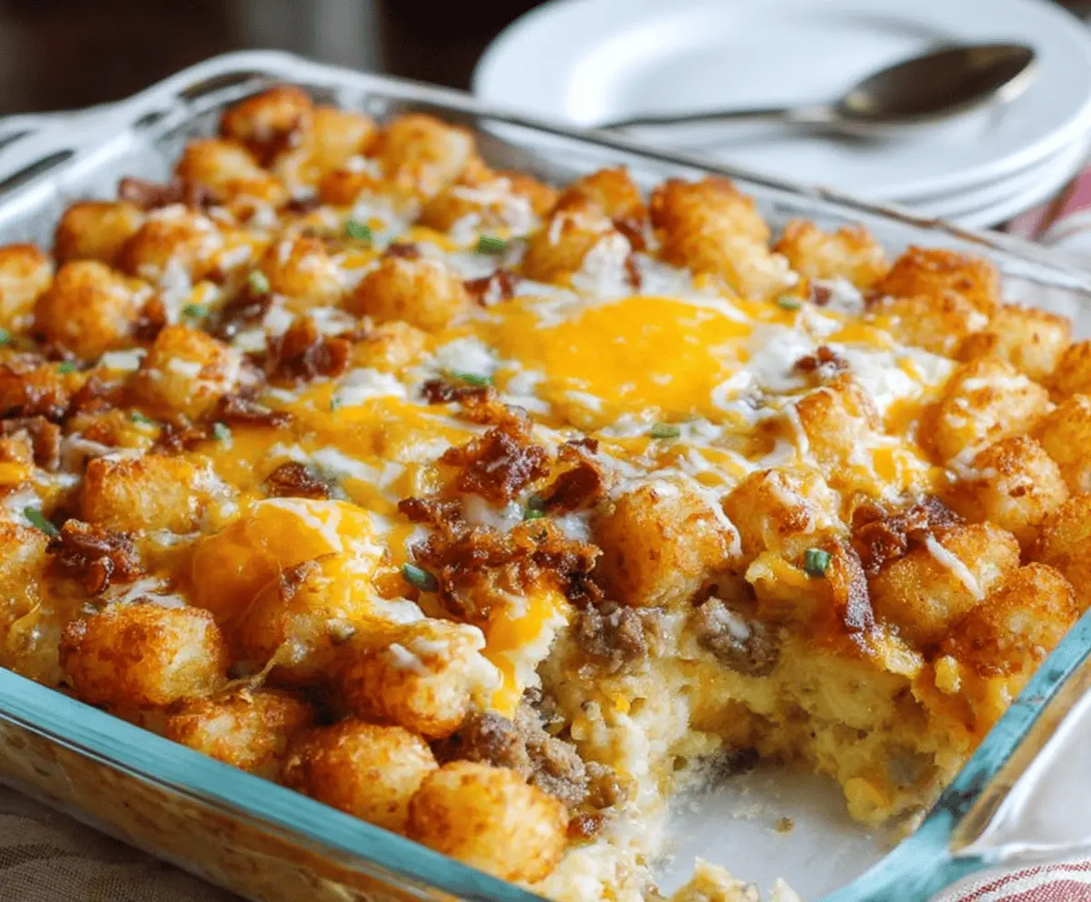 Delicious Tater Tot Sausage Breakfast Casserole served on a plate, perfect for brunch or breakfast.