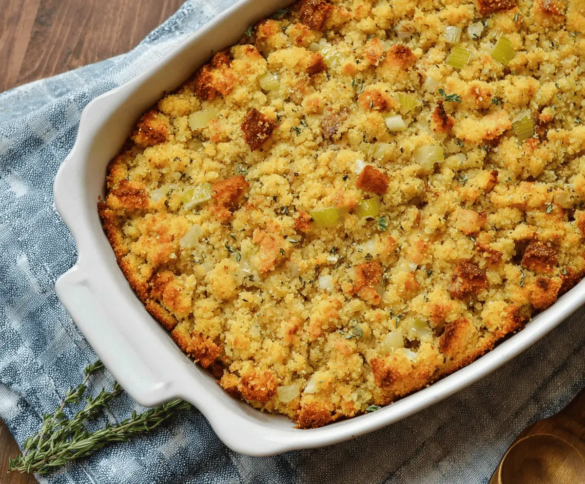 Savory Southern Cornbread Dressing served in a rustic bowl with fresh herbs