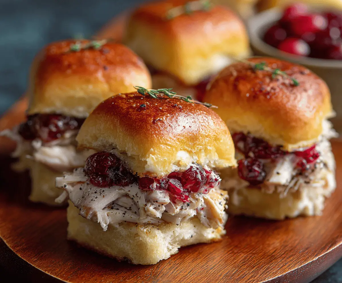 Delicious turkey cranberry sliders with fresh ingredients and melty cheese in a bun.