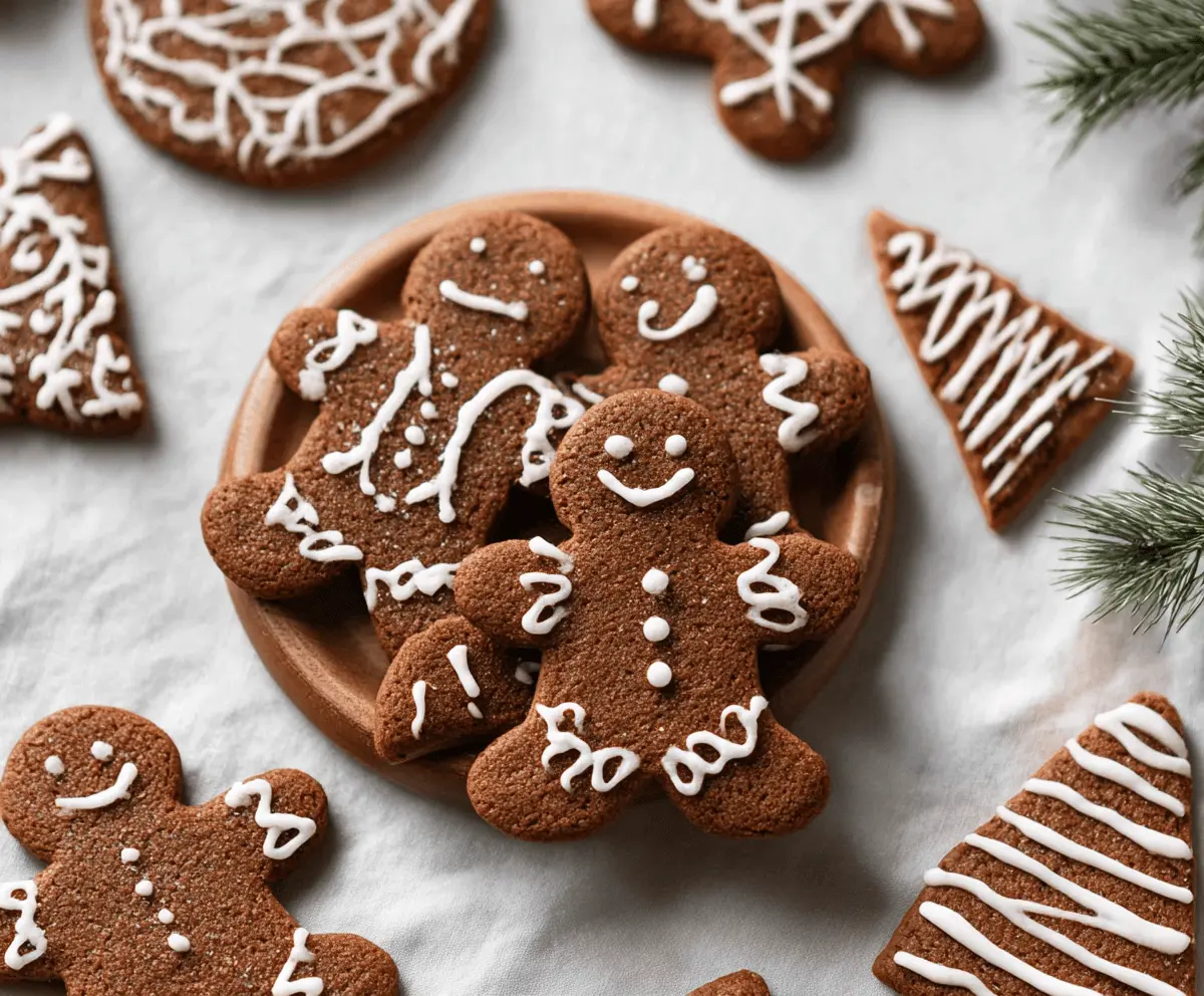 Delicious vegan gingerbread cookies on a festive plate, perfect for the holiday season.