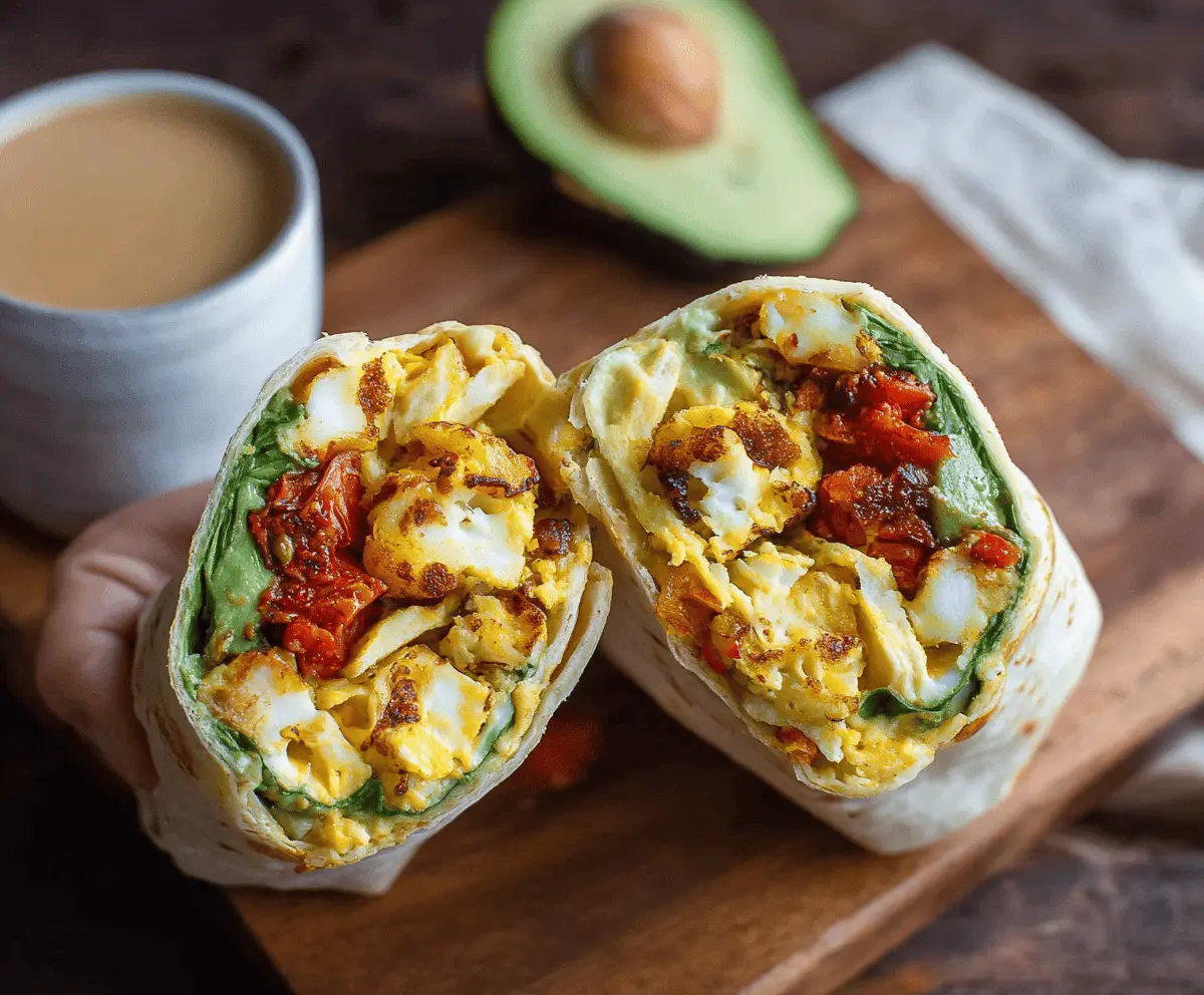 Colorful veggie breakfast burrito filled with fresh vegetables and scrambled eggs, perfect for a healthy start to your day.