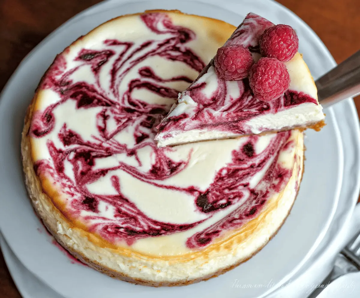 Creamy white chocolate raspberry swirl cheesecake with a smooth topping and fresh raspberry garnish.