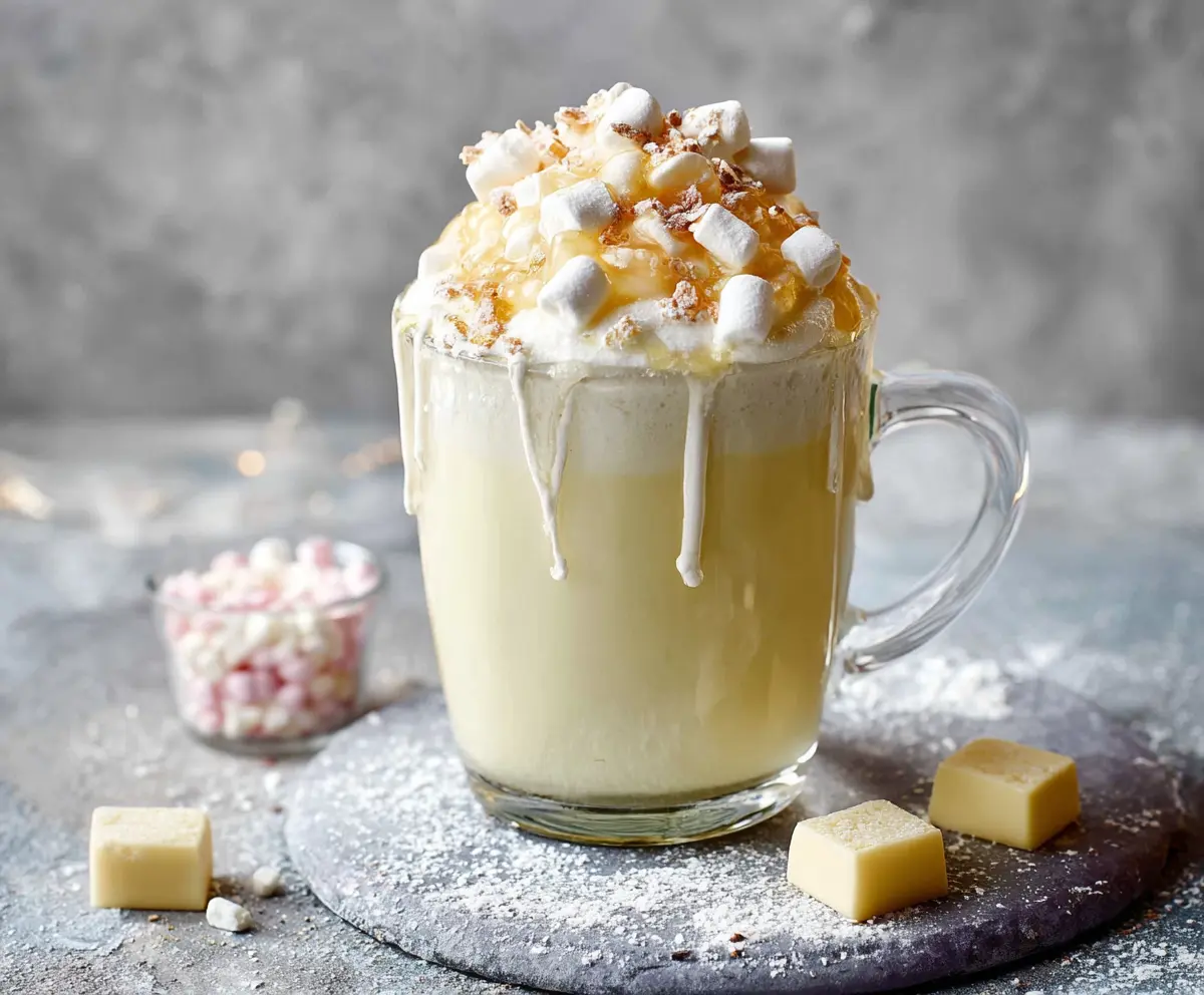 Creamy white hot chocolate in a mug topped with whipped cream and chocolate shavings, perfect for cold nights.